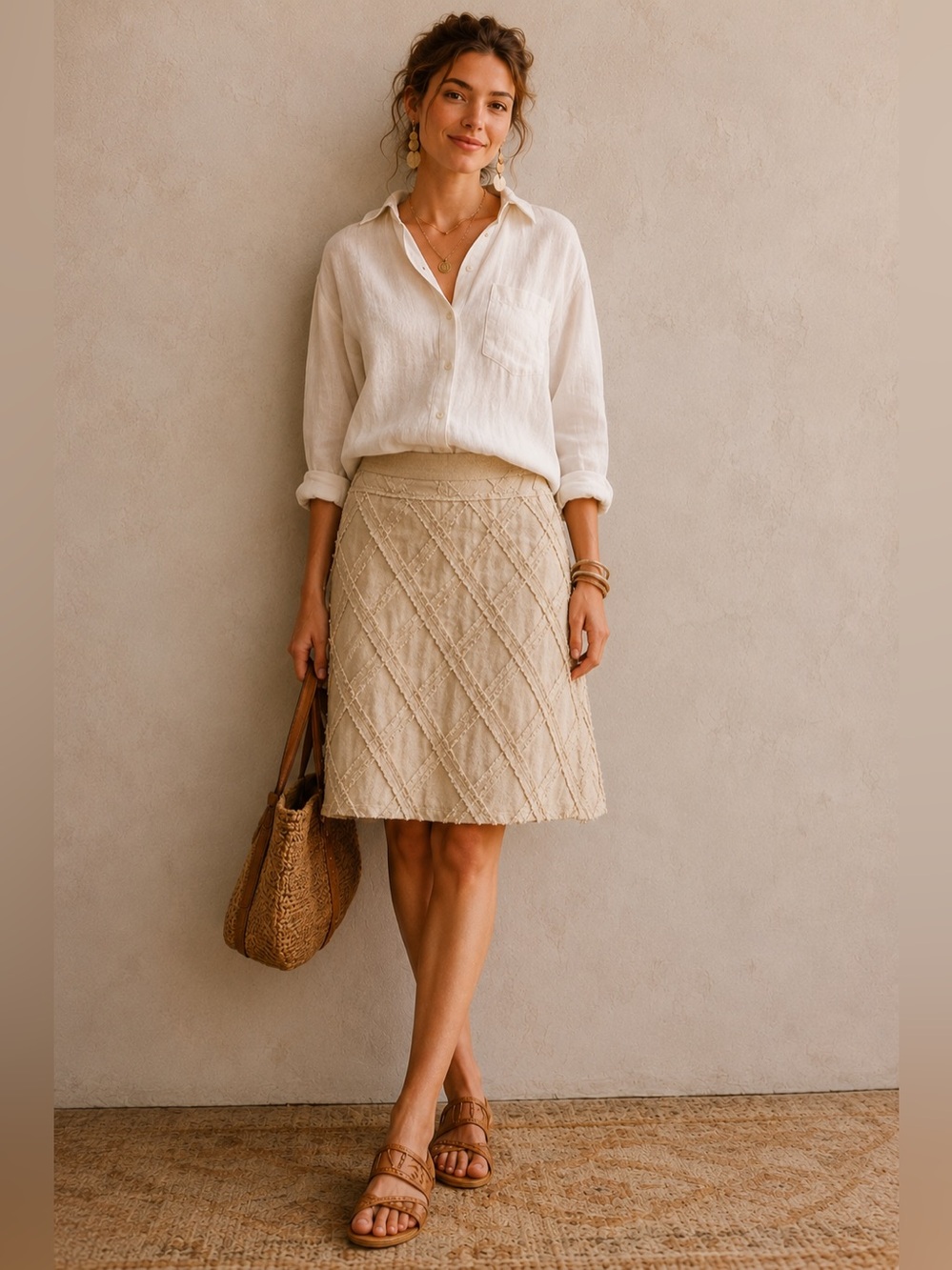 Linen Blend Textured A-Line Skirt Medium Beige Fringe Lattice